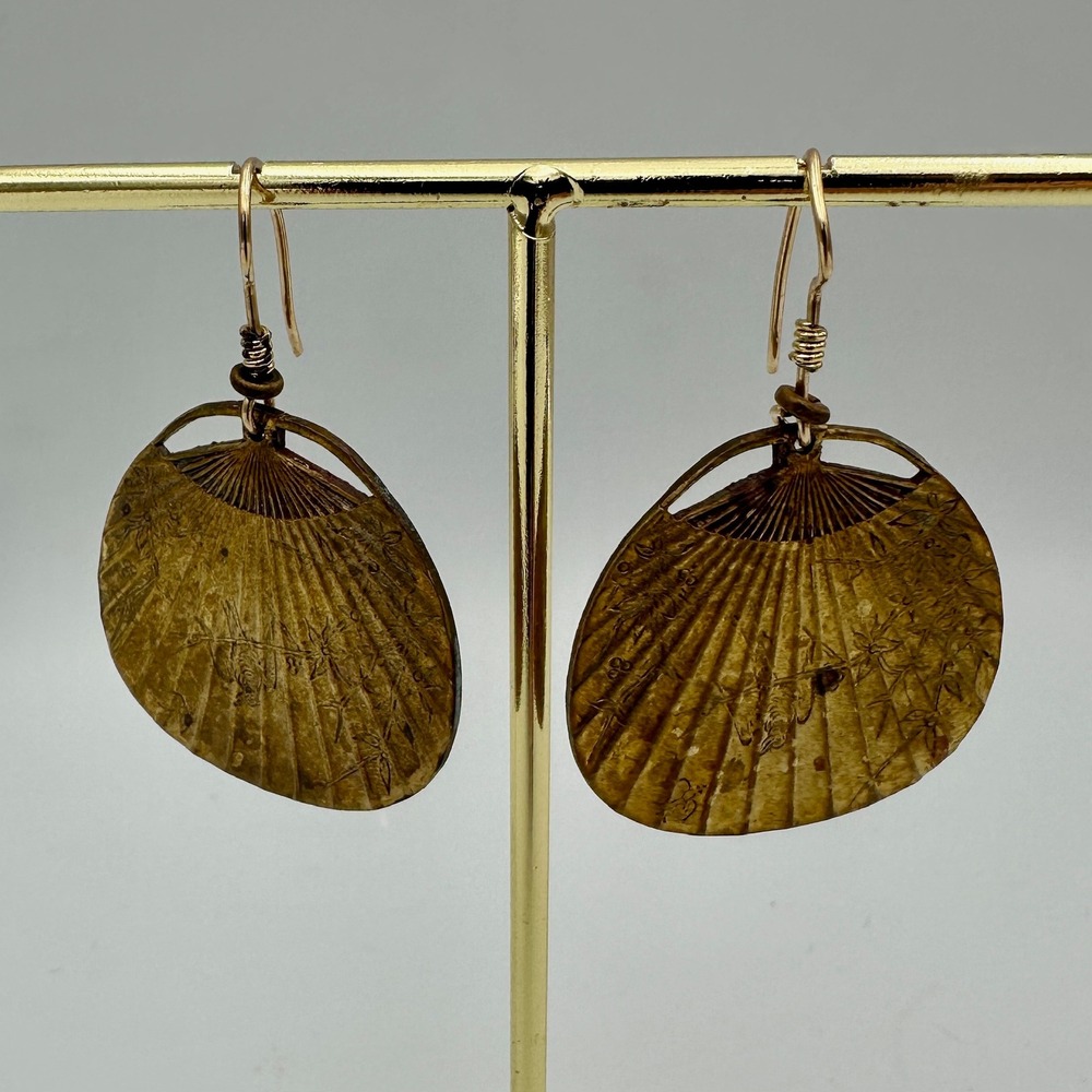 Vintage Brass Fan Earrings Etched Bamboo Nature Scene Antiqued Gold Tone Drop